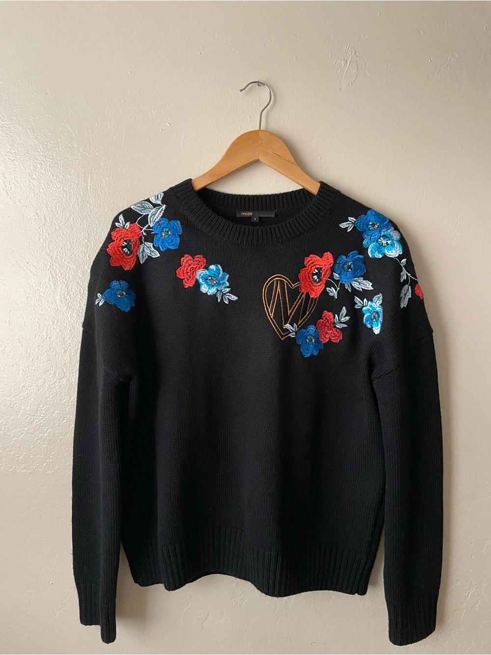 Maje Black Crewneck Sweater with Red & Blue Floral Embroidery and Gold Heart